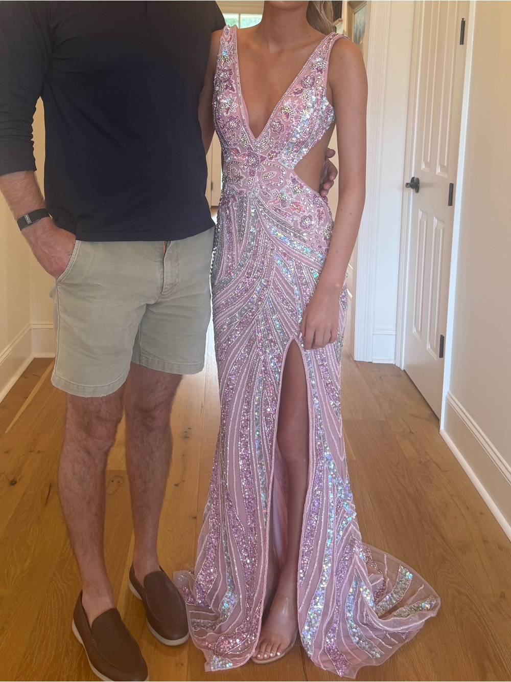 Sparkling Pink V-Neck Prom Dress with Starielle
